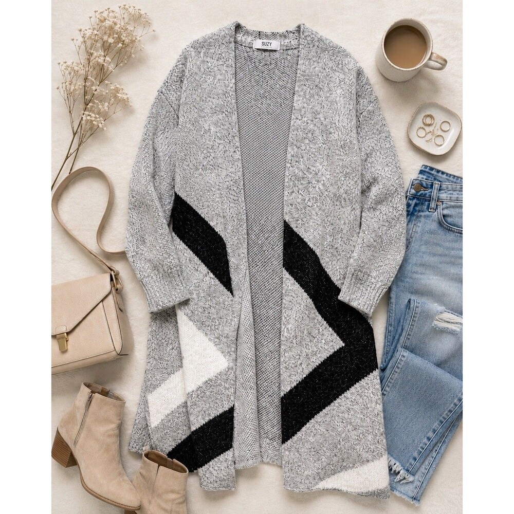 NWT Suzy Shier Women’s M Gray Black White Long Open Front Cardigan Sweater